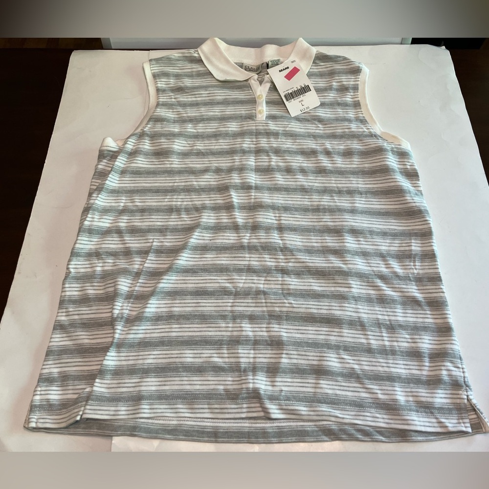 Classic Elements Women’s Polo Tank Top Shirt Size Large Grey Stripes NEW Cotton